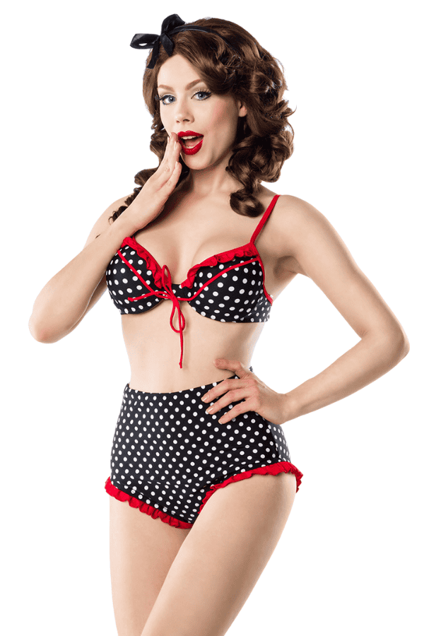 Highwaist Bikini in schwarz mit weißen punkten und rotem bund